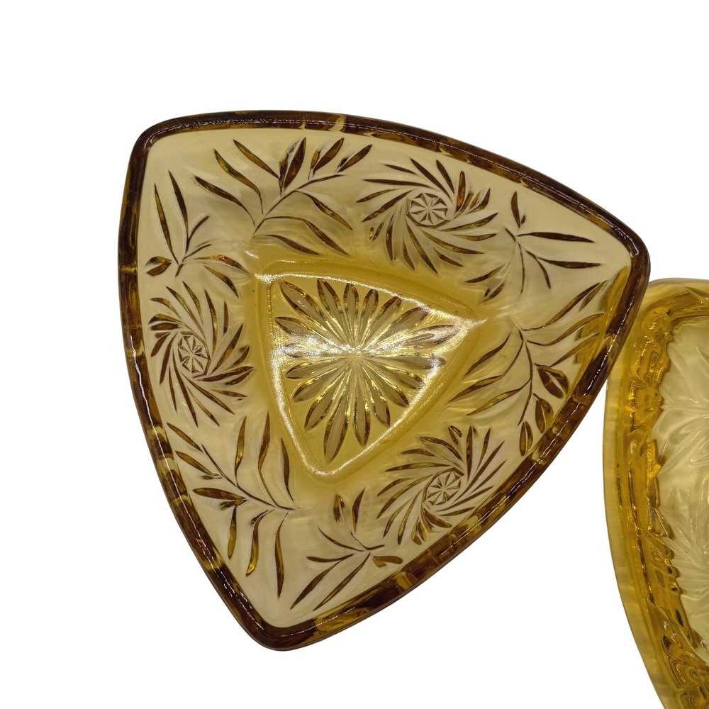 Vintage Amber Hazel Glass Triangle Candy Dish and Lid Pinwheel Starburst 1950s - Picture 10 of 14